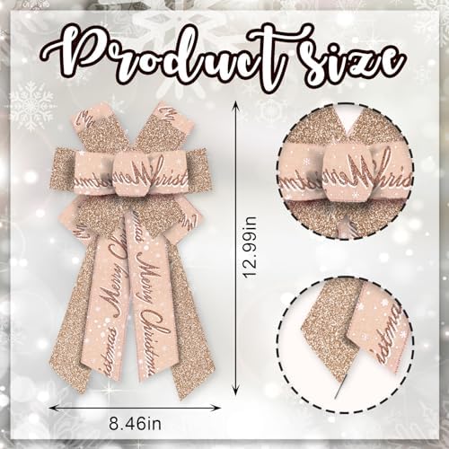 Large Merry Christmas Bow for Wreath, Glitter Rose Gold Wreath Bow for Christmas D??cor Winter Bow for Front Door Indoor Outdoor Wall Tree Topper Decoration Supplies Xmas Hanging Ornament