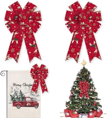 2PCS Christmas Bow for Wreath, Hot Stamping Red Reindeer Snowflake Wreath Bow for Christmas D??cor Winter Bow for Front Door Indoor Outdoor Wall Tree Topper Decoration Supplies Xmas Ornament