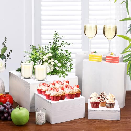 6 Pack Wooden Risers Display Stands Square Food Risers for Buffet Party Rustic Wood Cake & Cupcake Stands Nesting Box Wooden Crates for Display - color: White