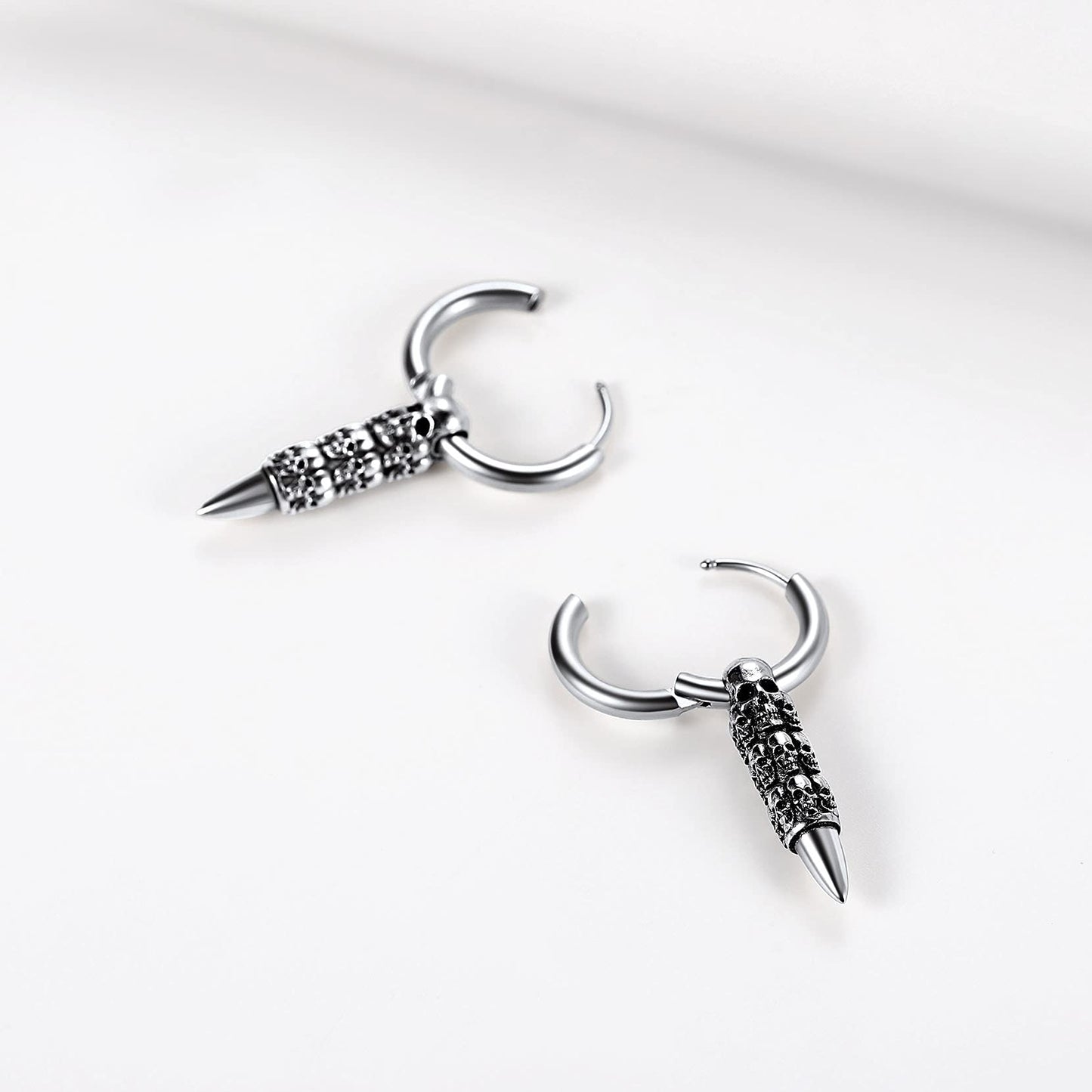 Stainless Steel Skull Hoop Earrings for Men Women Small Huggie Hoop Earring with Dangle Bullet Halloween Jewelry