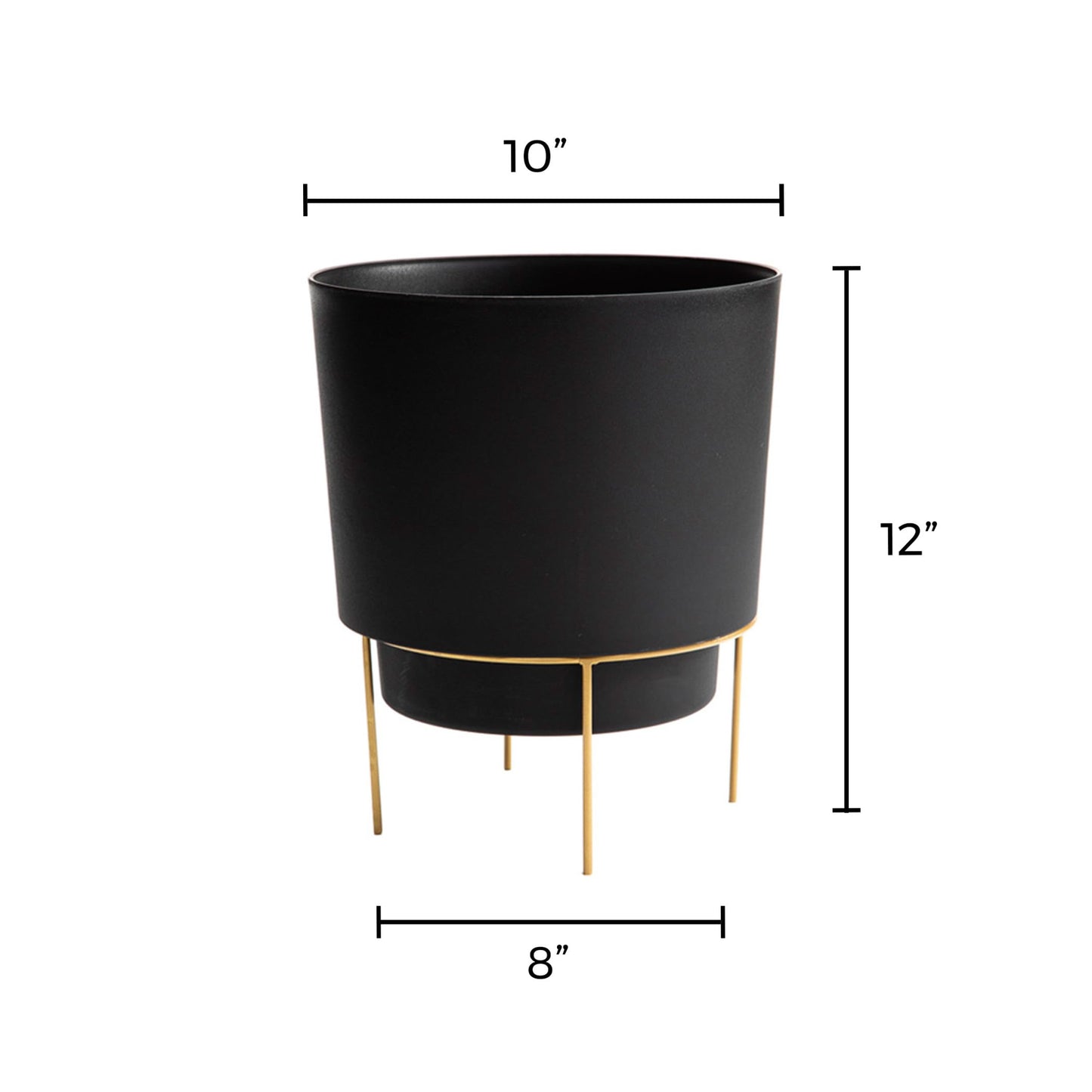 Bloem Hopson Decorative Resin Cachepot with Metal Stand, 10" Indoor and Outdoor Planter with Gold Metal Stand, Black