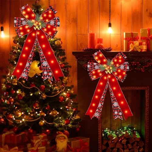 2 Pcs LED Large Red Christmas Bows Decorations, 20” X 12” Red Bow Linen Wreath with Bow Bells, Berry, Pine Cones for Christmas Tree Topper Outdoor Indoor Home Front Door Decor, 40 Warm Lights