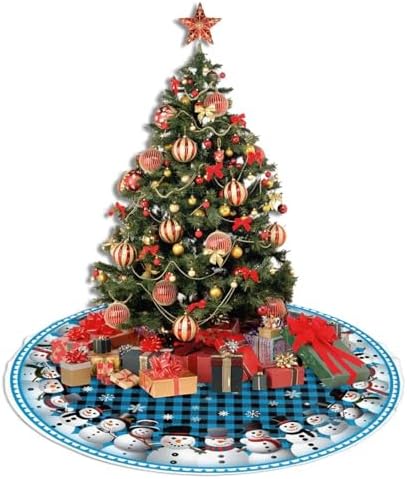 Blue Buffalo Plaid Snowman Christmas Tree Skirts 30", Xmas Tree Cloth Mats Trees Skirts for Decor Gift, Home Decoration