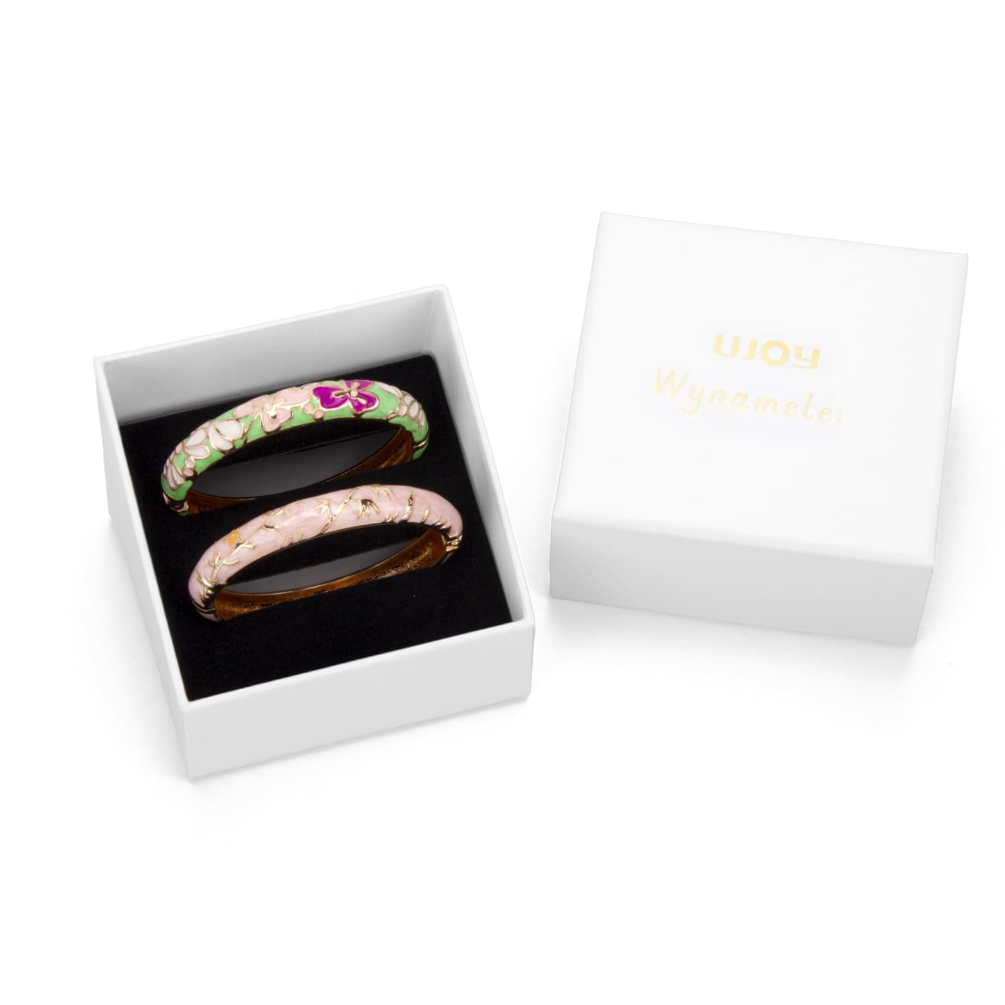 UJOY Gorgeous Bracelets Enameled Floral Cloisonne Gift Plated Cuff Bangles Jewelry Sets Box for Women 55A100-55A117 Green Pink