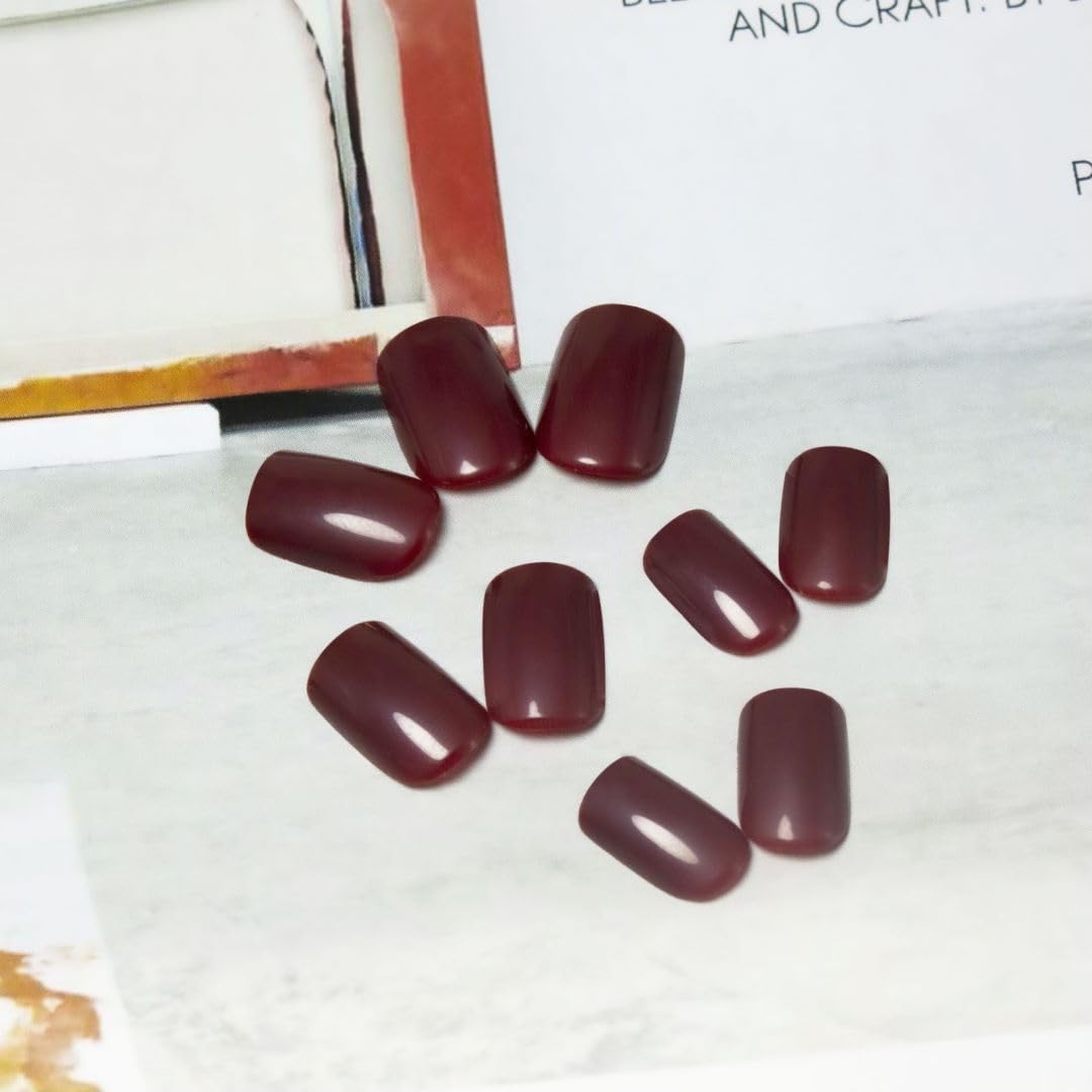 Burgundy Red Press On Nails Short Square, Natural Gel Nails Glue on Fall Colors 2025 Trendy Acrylic Nails Press ons Featured Protective Coat Thick Reusable Fake Nails 24Pcs Short Coffin Nails