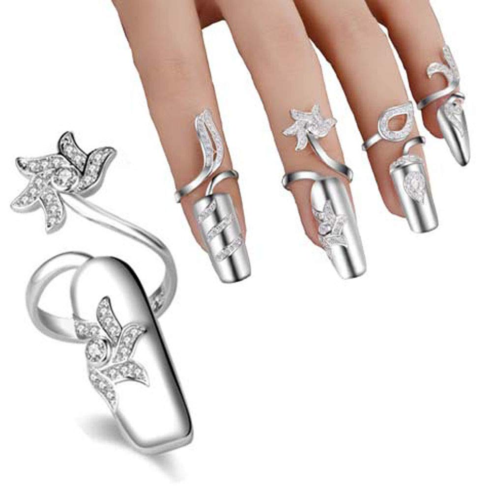 Suoirblss 4 PCS Women's Nail Cap Cover Ring Nail Protecting Fingernail Rhinestone Finger Tip Nail Ring Adjustable Opening Nail Art Charms Accessories (Silver)
