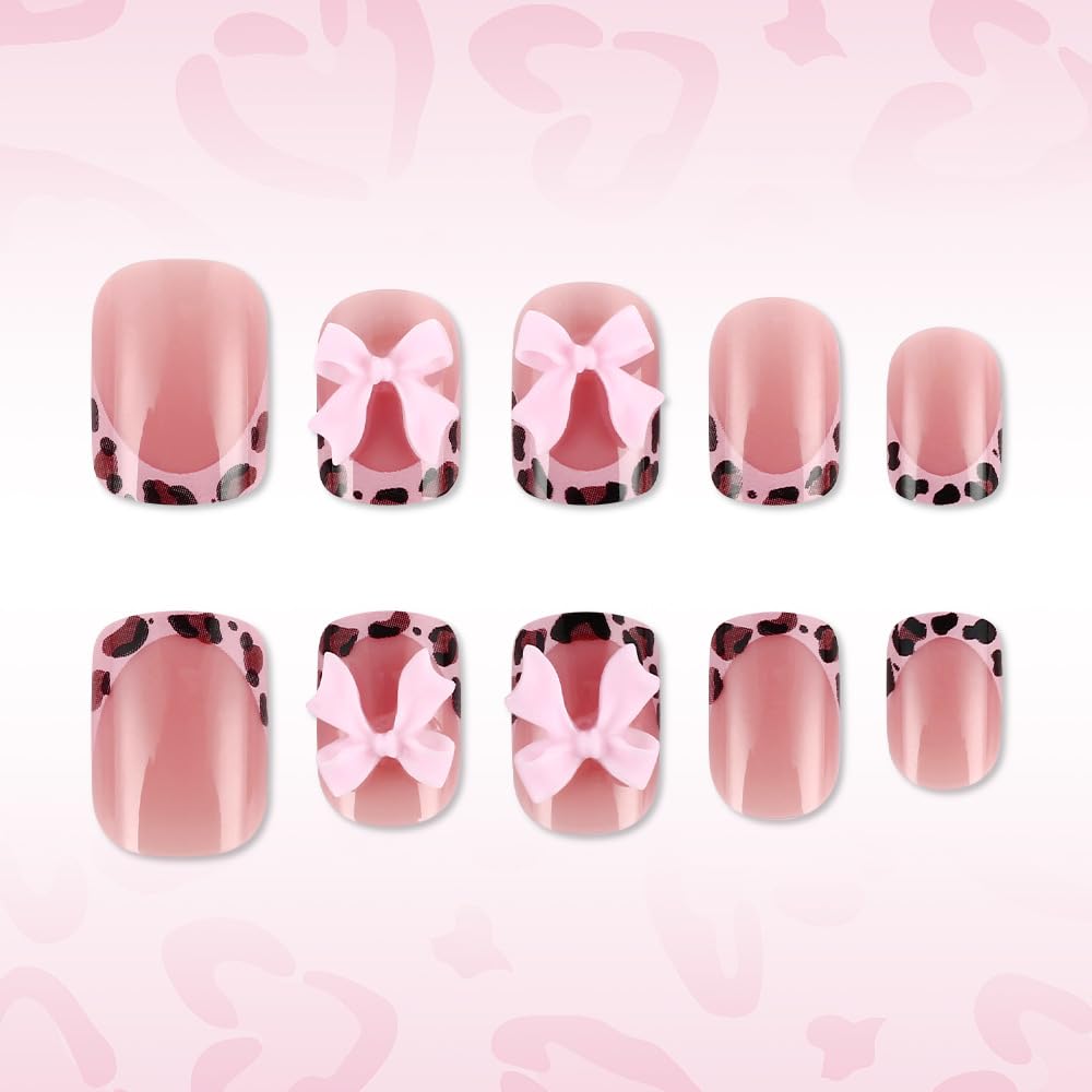French Tip Press on Nails Short Square Fake Nails Leopard French False Nails Tips Bow Charms Glue on Nails Cute Full Cover Acrylic Nails for Women Manicure Nail Decoration 24Pcs