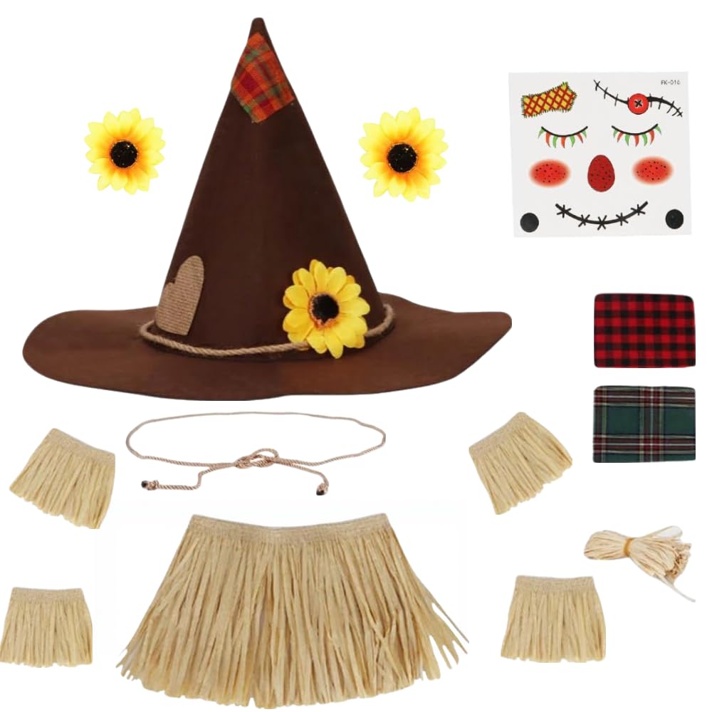 Lunaryvo Scarecrow Costume, Scarecrow Hat Raffia Straw Kit Face Decals Sunflower Patchwork Halloween Harvest Accessories (Brown-13pcs)