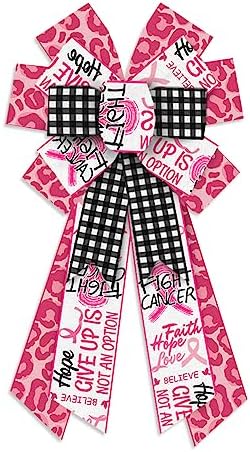 Estivaux Large Breast Cancer Awareness Bows for Wreath, Breast Cancer Awareness Cheer Wreath Bow Black White Buffalo Plaid Bow Holiday Farmhouse Craft Bows for Front Door Health Awareness Themed Favor
