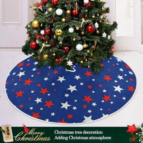 USA Patriotic Stars Memorial Christmas Tree Skirt Red Blue White Independence Day 36 Inches Xmas Tree Skirt Floor Door Mat Decorations for Holiday Party Indoor Outdoor Home Office Ornaments