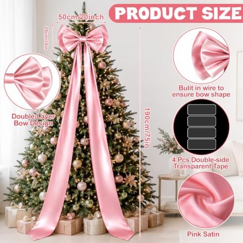 Dreamtop Giant Bow Decor, 19x75 Inch Christmas Tree Bow Topper Decoration for Christmas Tree for Home Wreath Wall Backdrop Birthday Wedding Party Decorations (Pink)