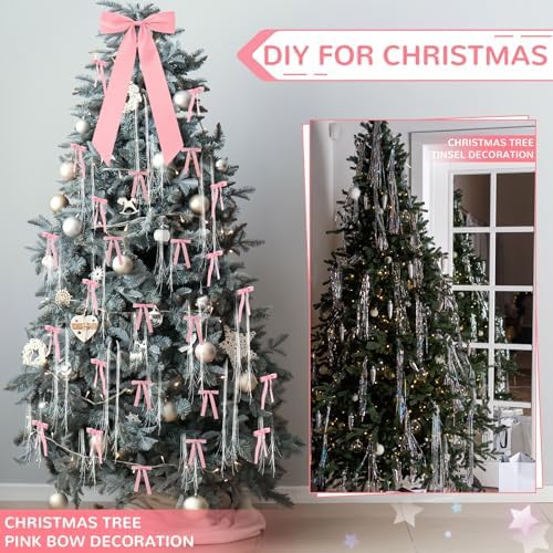 Shihanee Pink Christmas Bows Decor Set 1 Large Satin Christmas Tree Topper 24 Vintage Velvet Ribbon Bows with 3000 Strands Silver Tinsel Icicles Elegant Xmas Ornament for Holiday Wreath Gift Wrapping