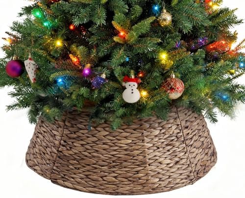 Sweetcrispy 24in Christmas Tree Collar for 4-7ft Trees, Woven Hyacinth Rattan 4-Panel with Cord Hole & Easy Lock, Handwoven & Durable Holiday Decor, Brown