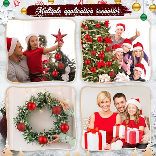 RoundFunny 25 Pcs Mini Christmas Balls Ornaments Set 2.36 Inch Christmas Day Ball Topper Star Tree Hanging Ornaments for Party Decoration(Red)