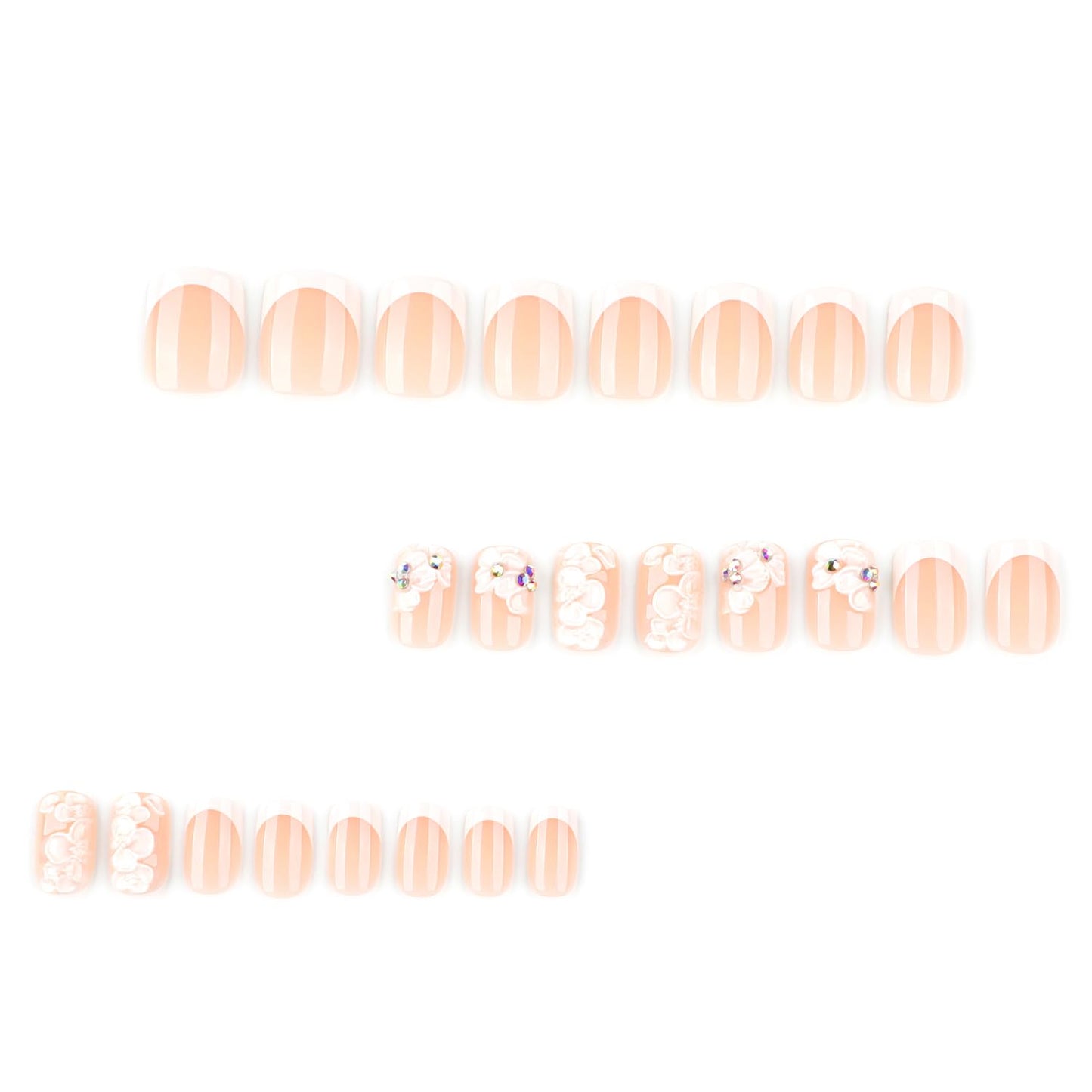Handmade Press on Nails Extra Short Square MABKJLF White French Tip Fake Nails Embossed Flower False Nails with Floral Designs Full Cover Glossy Glue on Nails Acrylic Nails for Women Girls 24 Pcs