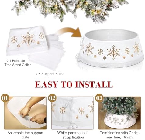 Christmas White Tree Collar Ring, 30'' Plush Gold Snowflake Sequin Tree Skirt, Christmas Artificial Tree Base Stand Cover, Xmas Tree Decorations Ornaments for Home Party Holiday
