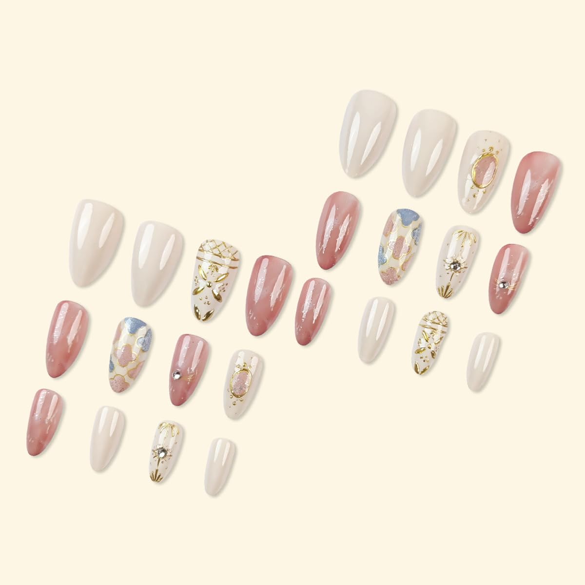Medium Almond Press on Nails - Retro Fake Nails with Rhinestones | Star | Four-Leaf Clover Designs Glitter False Nails Reusable Full Cover Stick on Nails for Women Manicure 24Pcs