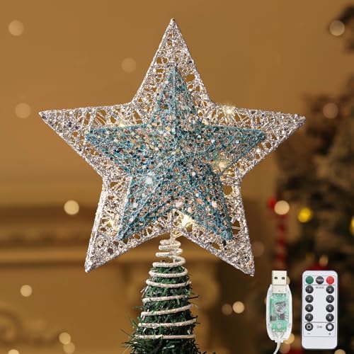 Lewondr Lighted Christmas Star Tree Topper with Remote & Timer, Blue&Silver
