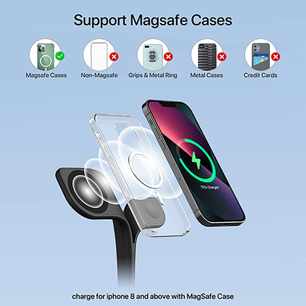EXW Wireless Charging Station for Magsafe Charger,Charging Station for Multiple Devices,Wireless Charger for iPhone 17 Air 16 15 14 13 12,Apple Watch,AirPods with LED(Black)