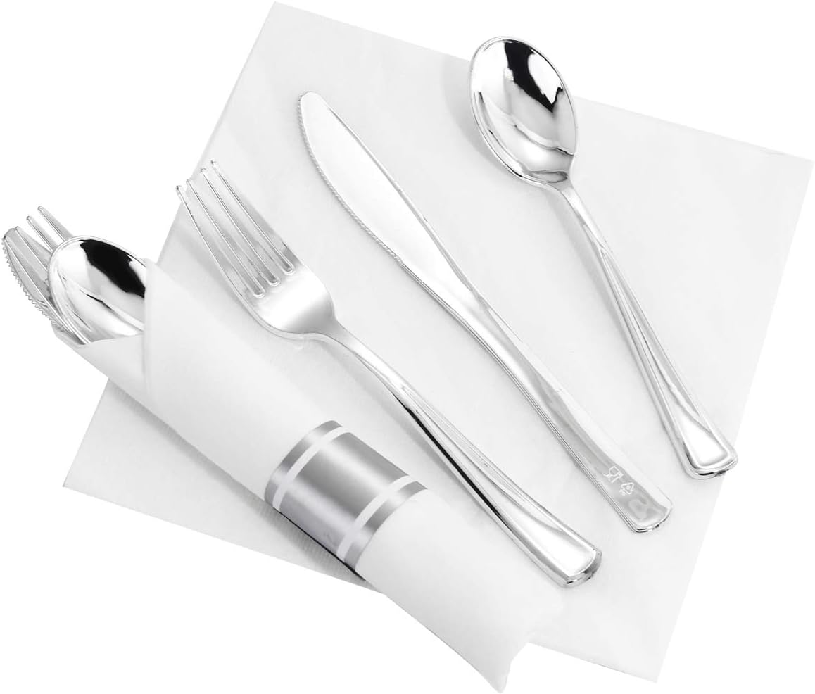 Supernal 60 Pack Silver Plastic Silverware,Pre Rolled Silverware,Premium Disposable Silver Cutlery,Suit for Wedding,Catering Event,Birthday,Party