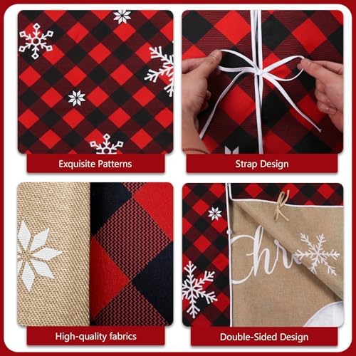 OurWarm 72 Inch Christmas Tree Skirt, Buffalo Plaid Tree Skirt for 7.5 ft Tree to 12ft Tree, Double Sided Burlap Tree Skirt Snowflake Xmas Tree Skirts for Winter Rustic Boho Farmhouse Tree Decor
