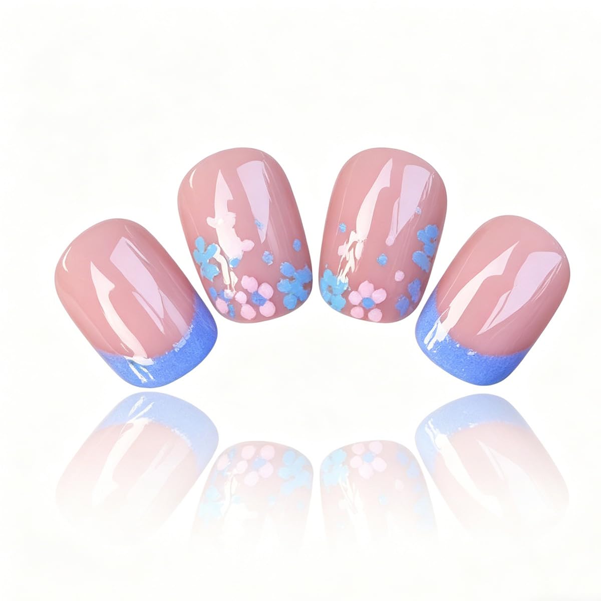 French Tip Press on Nails Short Square Fake Nails Flower False Nails Spring Floral Acrylic Nails Reusable Full Cover Stick on Nail for Women