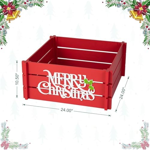 Glitzhome Christmas Tree Collar, 24" L Red Merry Christmas Farmhouse Wooden Crate Xmas Tree Collars Tree Base Cover, Christmas Tree Collar for 7.5ft Tree