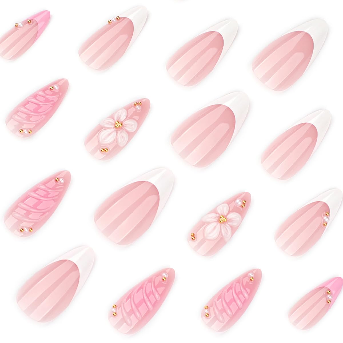 White Frech Tip Press on Nails Medium Almond Fake Nails Press ons with 3D Floral Pearl Design Spring Summer False Nails Nude Pink Reusable Acrylic Stikc on Nails for Women Maicure | 12 Sizes-24 Pcs