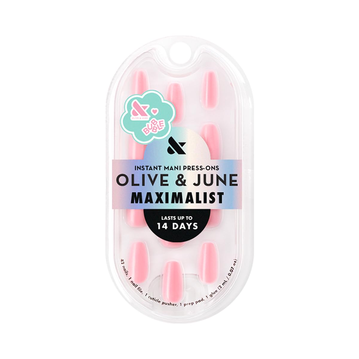 Olive & June Maximalist Instant Mani Press-On Nails (Glue) | 42 Fake Nails, 21 Sizes | Non-Toxic, Long-Lasting Big, Bold Gorgeous Realistic Look | Salon-Quality at Home | Medium, Coffin | Pink