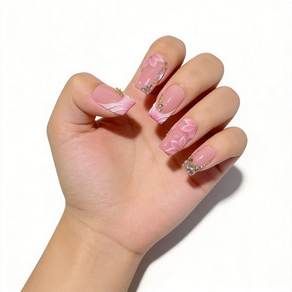 Vokupoga Handmade Press on Nails Square Medium French Tip Fake Nails with 3D Rhinestones Flower Designs Summer Glossy Acrylic Nails for Women 10Pcs(Size M)