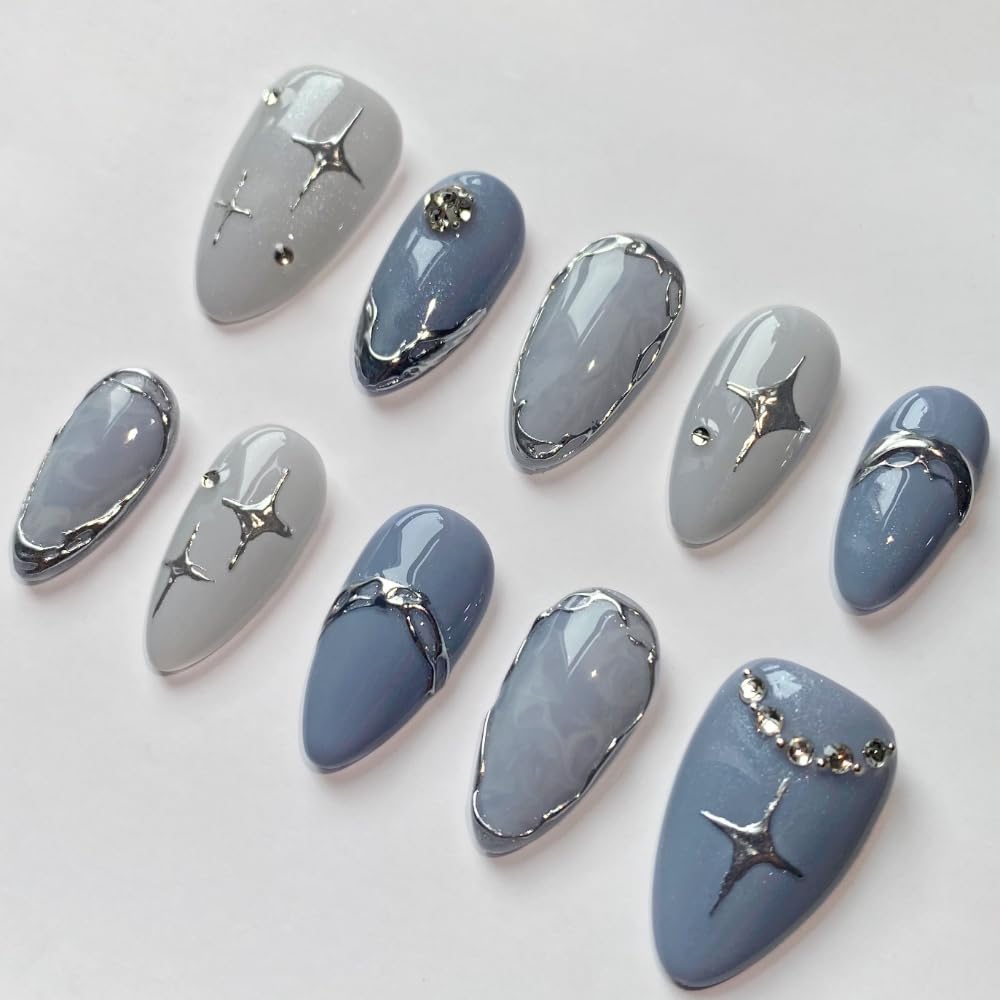 Press On Nails - Handmade 3D False Nails Short Medium Almond 10 Pcs Reusable ABS Material Finger Painting Nail Tip French Salon Design Artificial Fingernail for Women-M size
