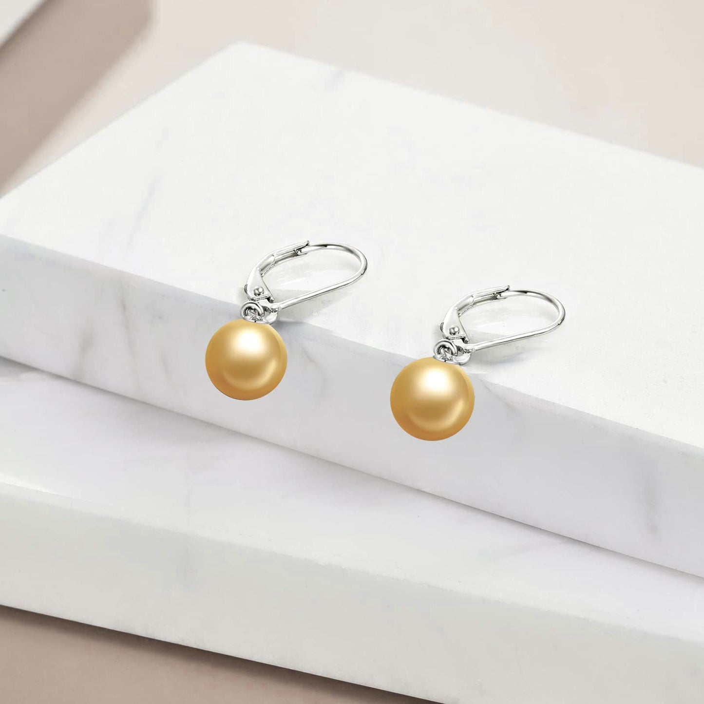 925 Sterling Silver Pearl Leverback Earrings Dangle Drop Jewelry Gifts for Women (Gold Pearl)