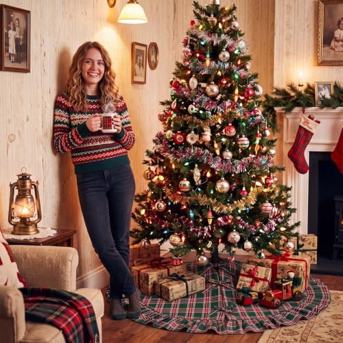 48 Inch Plaid Christmas Tree Skirt with Ruffle, Red Green Yellow