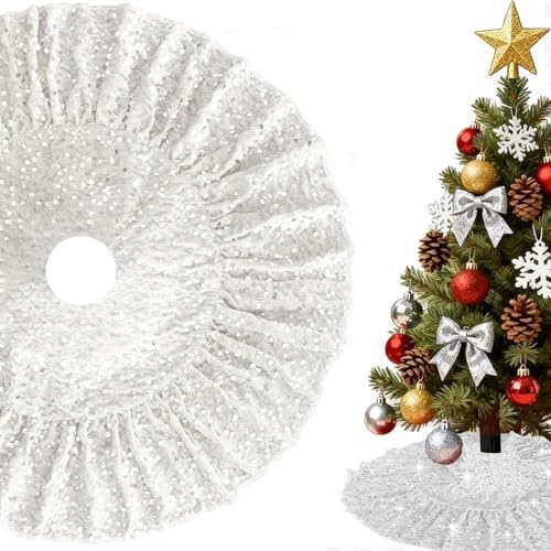 White Christmas Tree Skirt 24 Inch Sequin Tree Skirt Ruffle