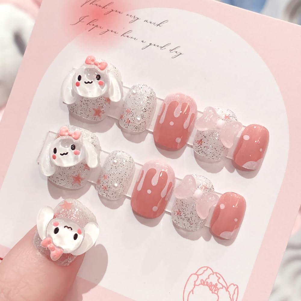 Cute Press on Nails Medium Square Cartoon Fake Nails with Gems Charms Cute Acrylic Nails Supply Cartoon Aarylic Nails for Women 24pcs