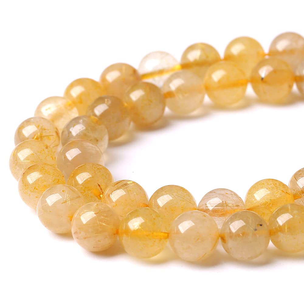 10mm 36pcs A+ Natural Gold Rutilated Quartz Crystal Stone Beads for Jewelry Making DIY Bracelet Necklace 15" Energy Healing Power Stone Beads (Gold Rutilated Quartz, 10mm)