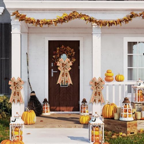Large Fall Bows for Wreath, Thanksgiving Gnomes Pumpkin Wreath Bows Orange Buffalo Plaid Bows for Front Door, Farmhouse Ornament Burlap Tree Topper Bows for Fall Indoor Outdoor Decoration