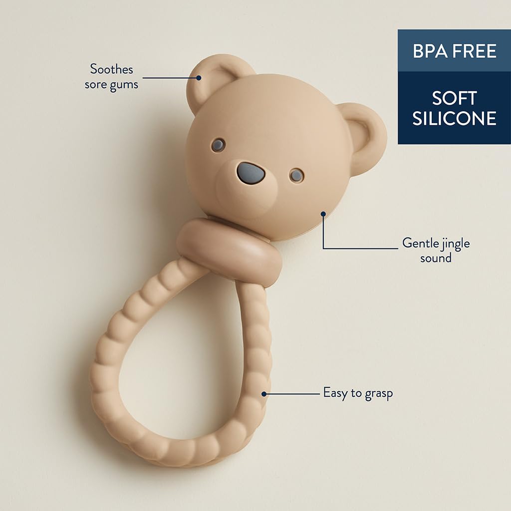 Itzy Ritzy Silicone Rattle Toy – Soothing Teething Toy with Soft Jingle Sound & Easy-Grip Textured Handle - for Ages 3 Months and Up (Bear)