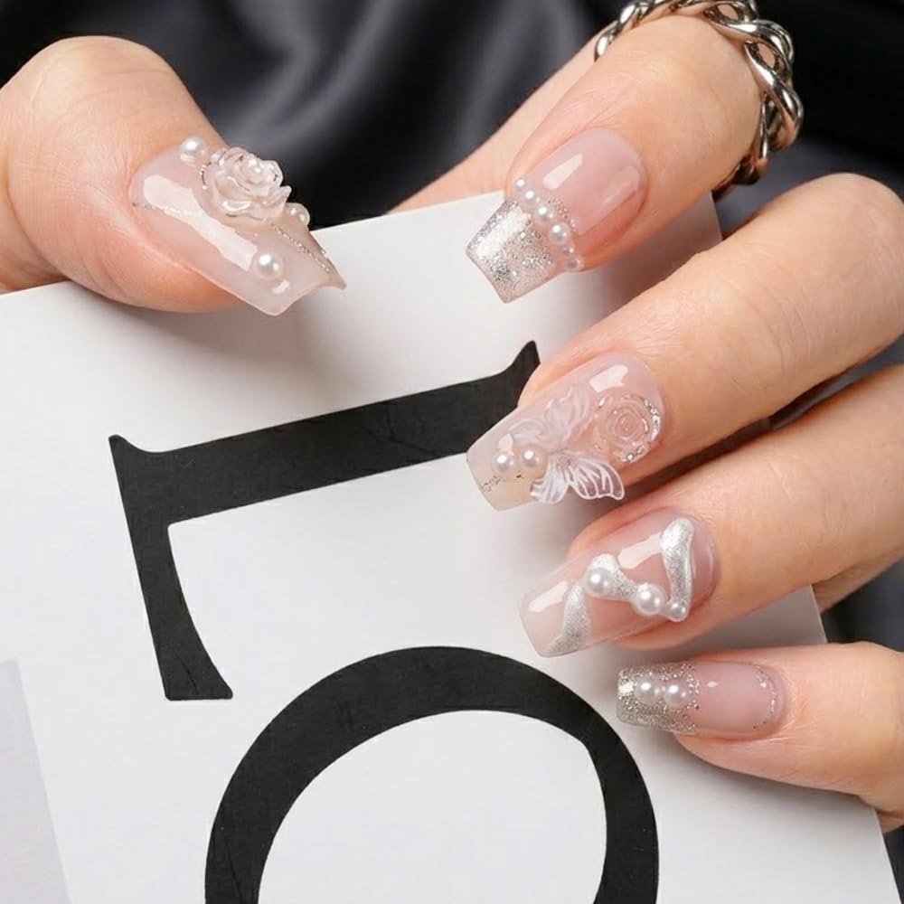 2IM Studio Handmade Press On Nails – 10 Piece Soft Gel Nail Kit with Glue & Tool Set, Reusable Artisan Nails, Salon-Quality Finish (Champagne Lace-XS)
