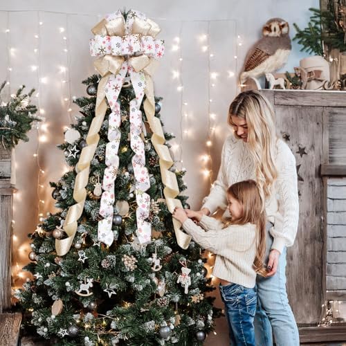 Christmas Tree Topper Bow, 13" Large Gold White Glitter Ribbon Bow with Snowflakes Print, Elegant Xmas Tree Top, Long Wired Ribbon, Decoration for New Year Holiday Party & Farmhouse Decor