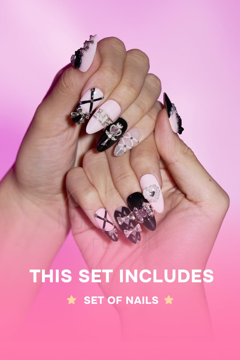 Gyaru Glam Leopard Print Press-On Nails – Kawaii Cosplay Nails with Glitter, Bows & Charms - Costume Accessory (Jirai Kei, M)