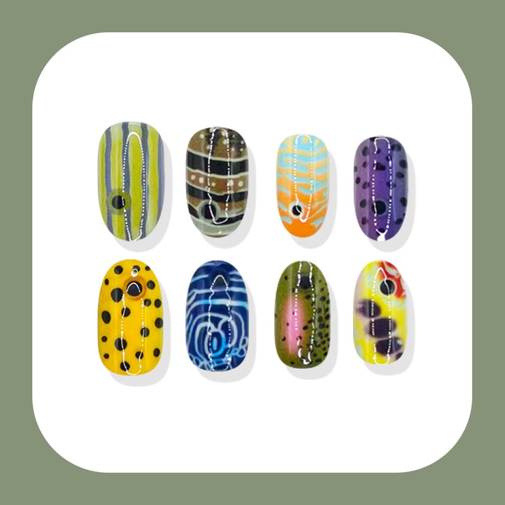 WLGDLH Press on Nails Short Oval Fake Nails, Summer False Nails Press ons Nail Art Tips with Ocean Fish Polka Dot Striped Design, Glossy Finish Glue on Nails Stick on Nail for Women Manicure 24 Pcs