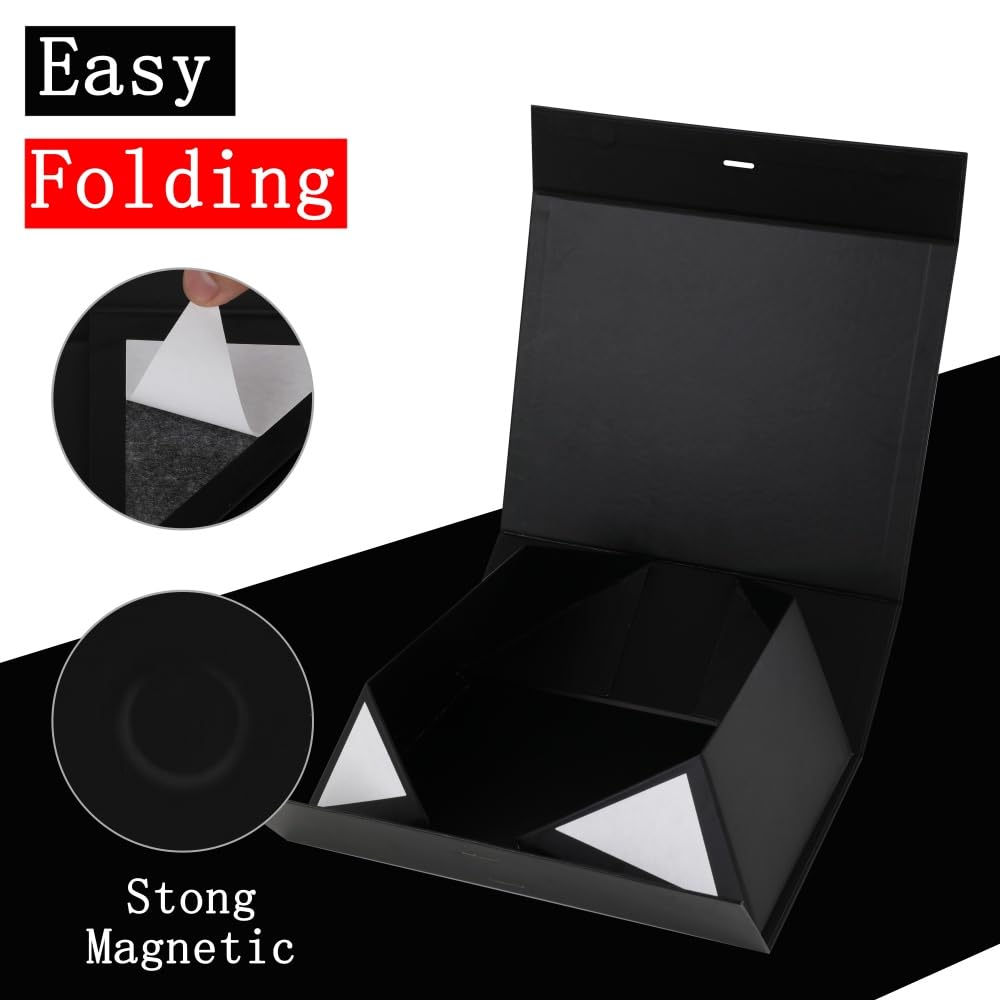 BoxSkivra Large Black Gift Box with Ribbon 1 Pack 16.5X13X5.3 Inch Extra Large Gift Box with Lid Magnetic Closure Rectangle Collapsible Luxury Boxes for Wedding Dress、Shredded Paper Filler & Card