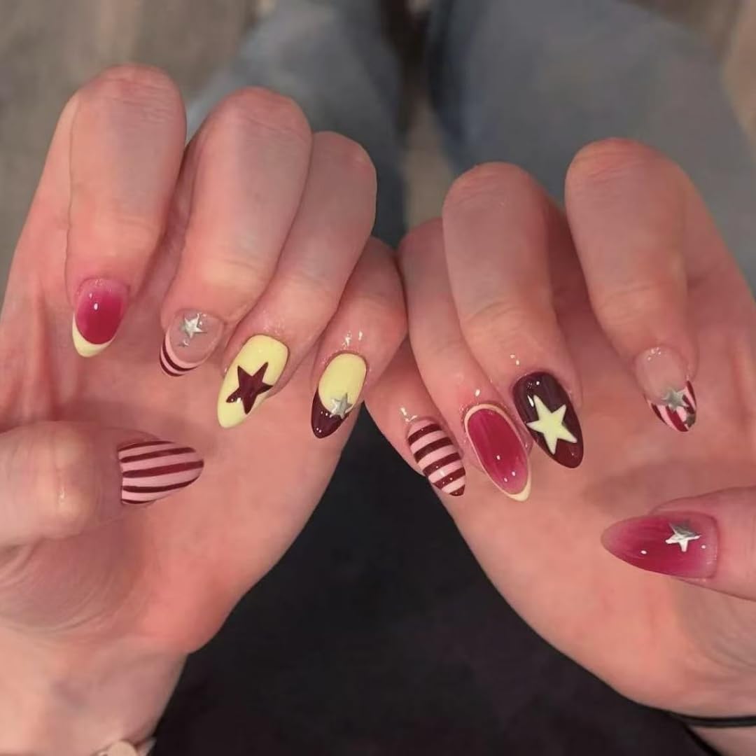 Handmade French tip Press on Nails style Almond with Glue Stick on Nails for Women Manicure Decoration Striped five-pointed star 10PCS (MT-141-M)