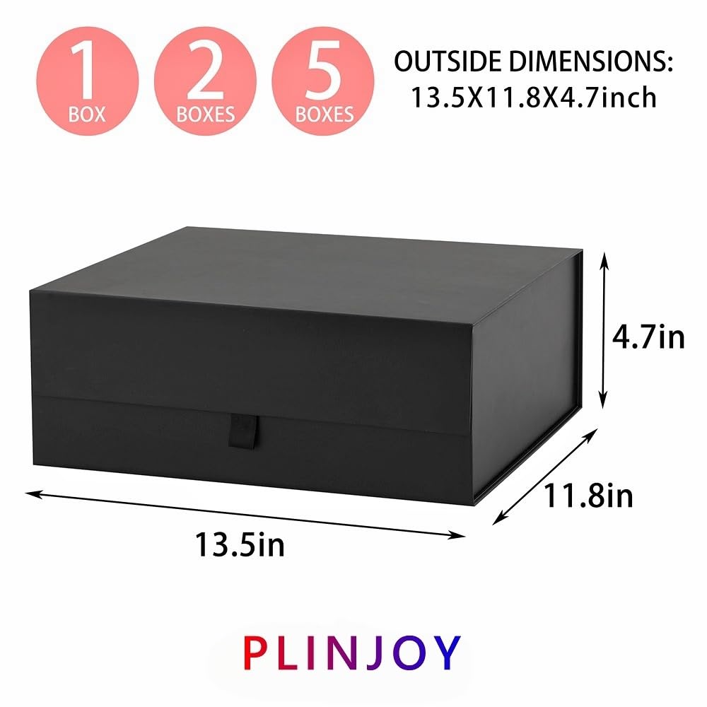 PLINJOY Black Gift Box Large 13.5x11.8x4.7 Inches, Black Gift Boxes for Presents with Magnetic Closure Lid, Luxury Gift Box Rectangle Collapsible Boxes for Gift Packaging