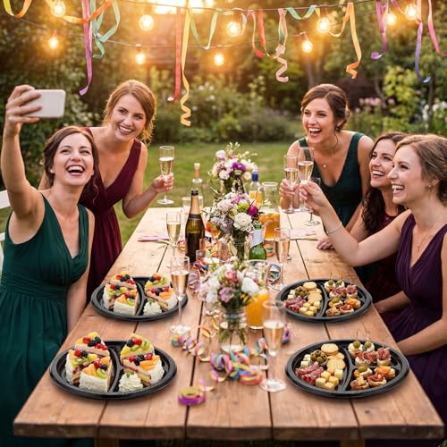 Umigy 100 Pcs 10 Inch 3 Compartments Divided Plastic Plates Bulk Colorful Disposable Heavy Duty Round Dinnerware for Valentine Wedding Birthday Party (Black) - color: Black