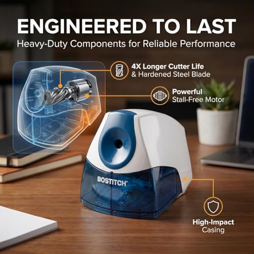 Bostitch Office Electric Pencil Sharpener, Heavy Duty Powerful Stall-Free Motor, High Capacity Shavings Tray, for Office or Classroom, Blue