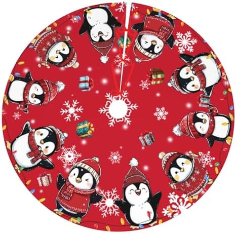 Red Cute Penguin Christmas Tree Skirt 36 Inch Xmas Tree Mat Party Decor Supplies for Holiday Home Decorations