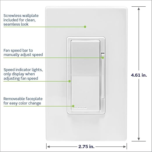 Leviton Decora Smart Fan Speed Controller, Wi-Fi 2nd Gen, Neutral Wire Required, Works with My Leviton, Alexa, Google Assistant, Apple Home/Siri & Wired or Wire-Free 3-Way, D24SF-1RW, White