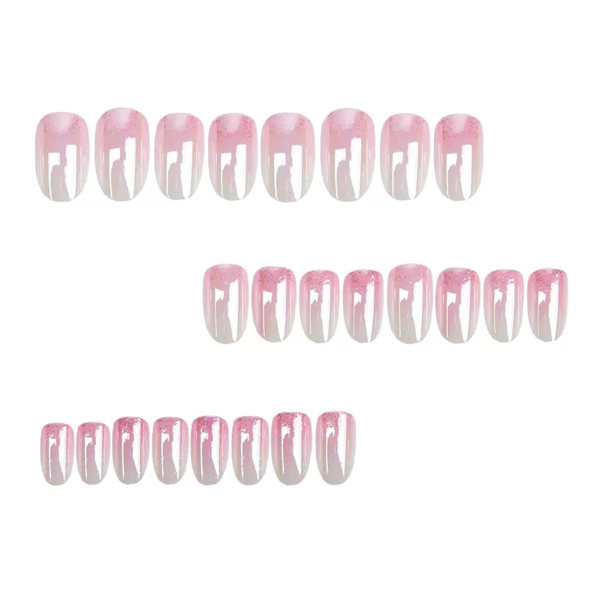 Short Press on Nails Almond - Pink Fake Nails with Ombre Chrome Design - Glitter Glossy Full Cover Stick on False Nails - for Women 24 Pcs